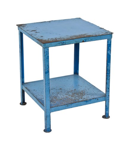 heavy duty c. 1930's vintage american industrial solid steel factory welding table with old blue paint finish