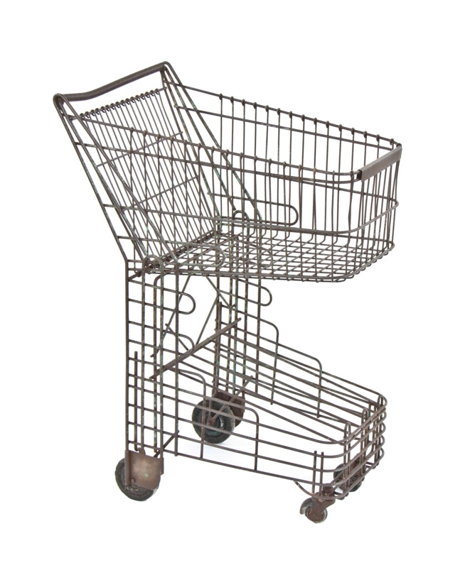 very unusual 1940's american machine age reinforced heavy gauge steel mobile shopping cart with coiled handle