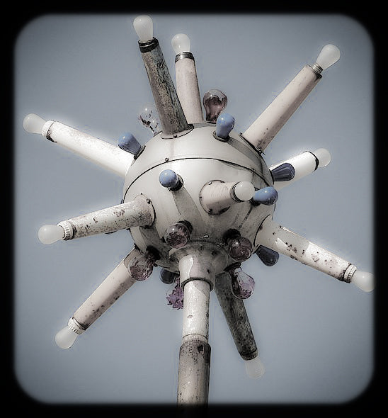 unusual vintage american atomic age exterior illuminated black enameled "sputnik" ball motel sign with welded joint stand
