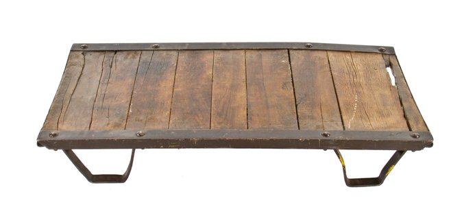 original c. 1930's vintage american industrial single stackable low-lying factory pallet with angled steel stringers