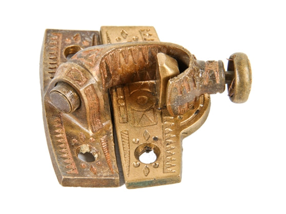 antique american 19th century ornamental cast bronze interior residential swing-arm window sash lock with original keeper