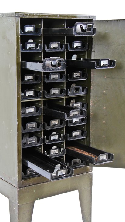 all original c. 1920's vintage industrial freestanding "addressograph" rubber stamp storage cabinet with leatherette top