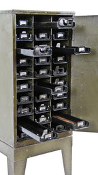 all original c. 1920's vintage industrial freestanding "addressograph" rubber stamp storage cabinet with leatherette top