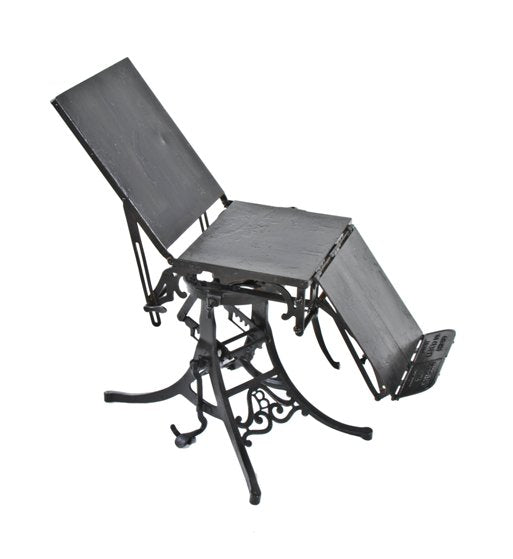 hard to find early 20th century black enameled cast iron riveted joint steel "prof. ferguson" adjsutable operating table