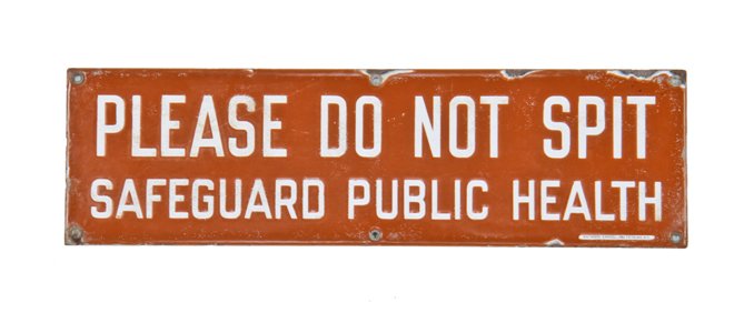 original c. 1920's single-sided porcelain enameled die cut steel "please do not spit" new york city subway sign