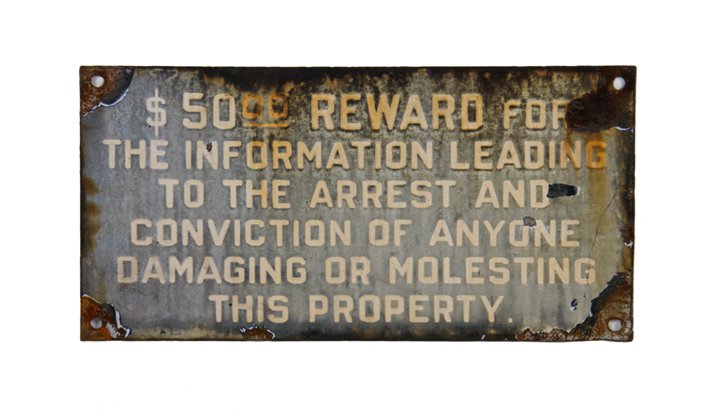 original c. 1930's american made vintage industrial single-sided porcelain enameled "damaging or molesting property" notification sign