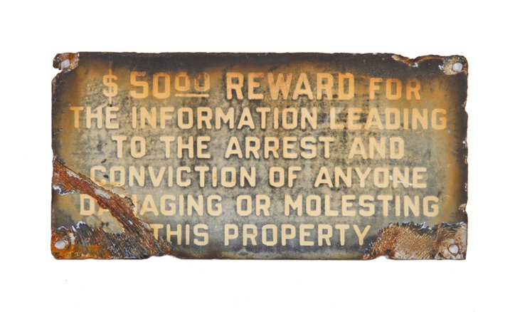 late 1930's vintage industrial single-sided die cut steel weathered and worn porcelain enameled cautionary sign