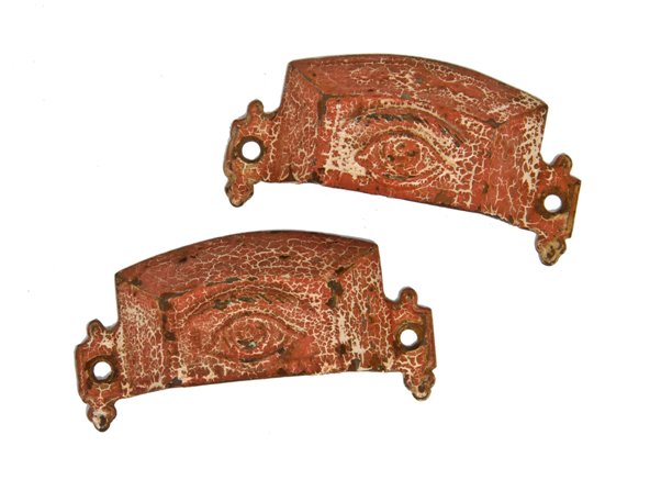 matching set of c. 1870's antique american victorian era decorative fact iron "all-seeing eye" cabinet drawer pulls
