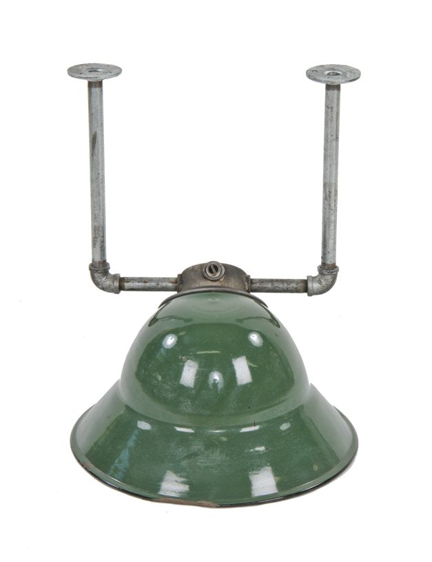 unusually shaped c. 1930's vintage american industrial green porcelain enameled "explosion proof" factory pendant light