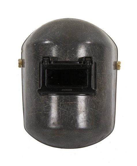 reinforced vintage american industrial black molded fiberglass factory machinist welding helmet with hinged eye shield