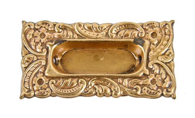 original c. 1900's american art nouveau "eulalia" pattern wrought brass interior residential window sash pull with recessed cup