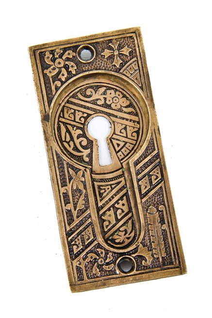 c. 1880's antique american ornamental cast brass eastlake style "ceylon" pattern interior residential pocket door escutcheon