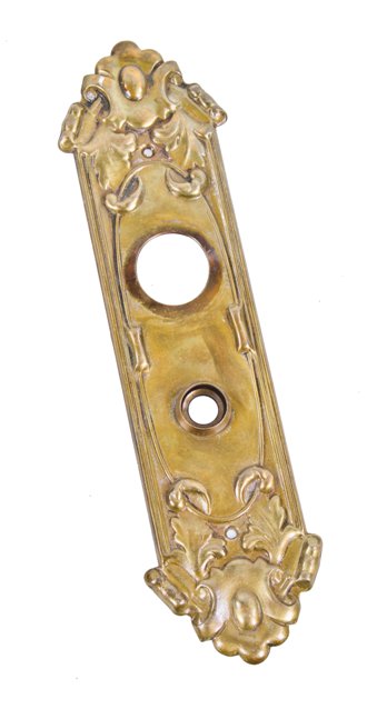 c. 1910-15 original oversized exterior residential stamped ornamental wrought brass doorknob backplate