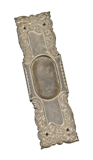 original nickel-plated stamped ornamental wrought brass "eulalia" pattern single residential pocket door escutcheon
