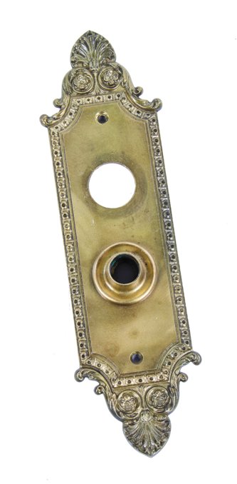 early 20th century ornamental cast brass "geneva" pattern exterior residential doorknob backplate with protruding thimble