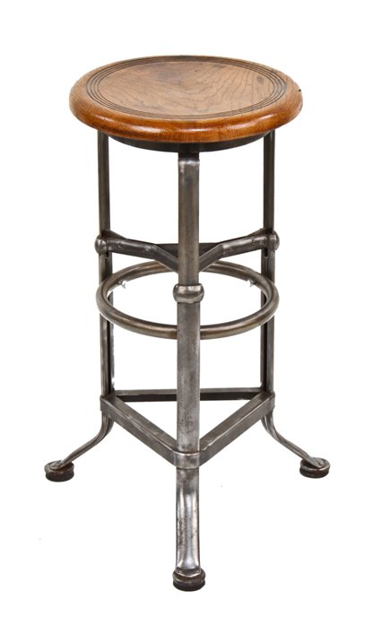 fully functional c. 1940's american made vintage industrial "rite-hite" three-legged telescoping factory stool