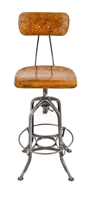 fully refinished c. 1930's american industrial uhl art steel adjustable height toledo stool with intact footrest