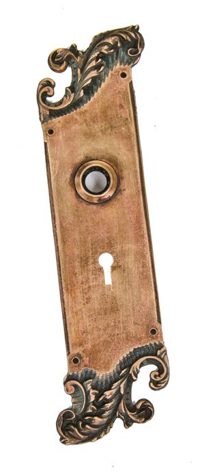 original late 19th century ornamental cast bronze "americus" pattern vestibule door escutcheon with foliated ornament