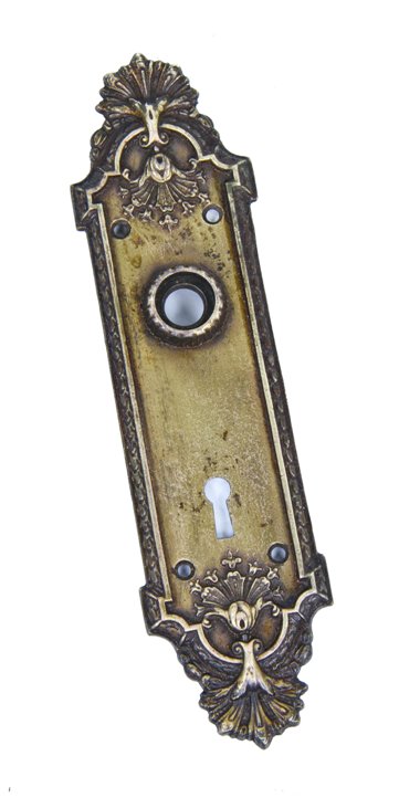 c. 1900's original ornamental cast iron interior residential passage door "ontario" pattern doorknob backplate