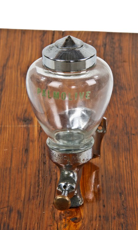 hard to find c. 1930's american art deco wall-mount factory lavatory "palmolive" liquid soap dispenser with intact plunger