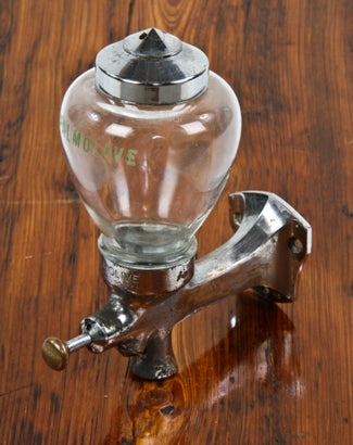 hard to find c. 1930's american art deco wall-mount factory lavatory "palmolive" liquid soap dispenser with intact plunger