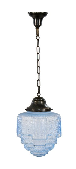 all original depression era american art deco style multi-faceted blue opalescent pressed glass interior theater pendant light fixture