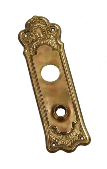 highly ornate c. 1915 antique american exterior residential entrance door wrought brass backplate with embossed leafage