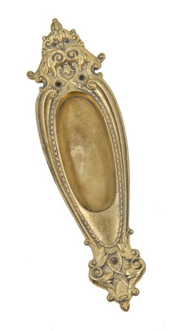 richly ornate early 20th century antique american cast brass single residential pocket door escutcheon with recessed "cup" handle