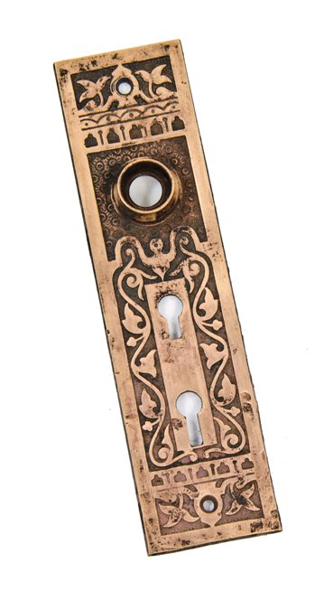 19th century antique american victorian era ornamental cast bronze exterior residential doorknob backplate with floral motifs