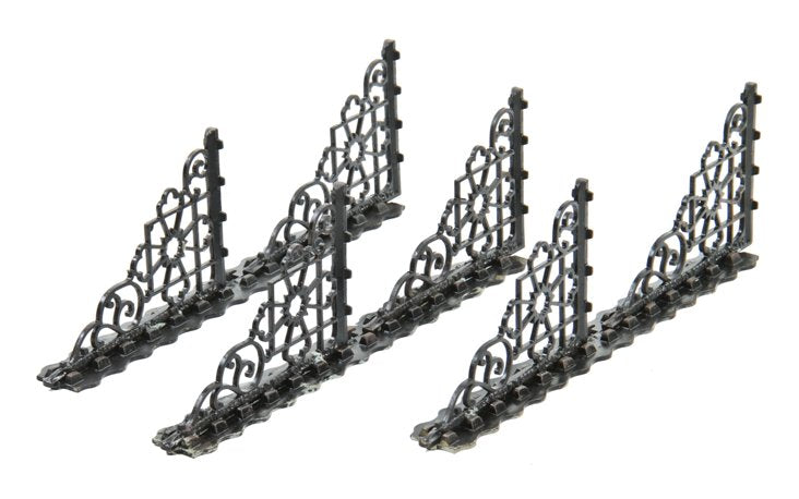 set of three matching late 19th century american industrial black enameled or "japanned" ornamental cast iron "shiftable" shelving brackets