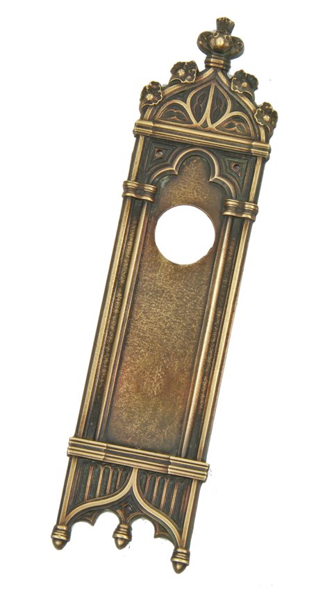 original oversized c. 1902 american gothic revival interior residential cast brass "melrose" push plate with stylized tracery and crockets