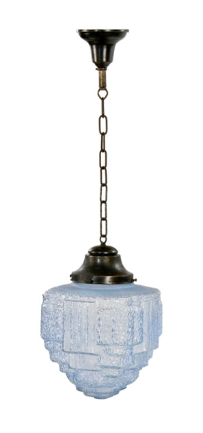 c. 1930's american made machine age "skyscraper style" blue opalescent molded glass theater lobby pendant light
