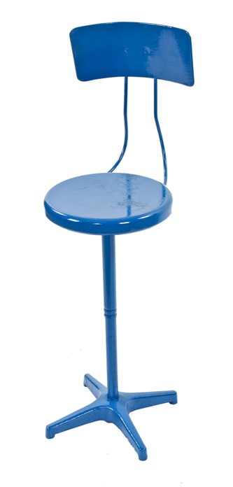 original late 1940's fully functional blue adjustable height telescoping heavy gauge blue enameled swivel stool with backrest
