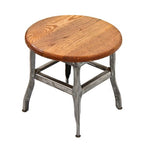 refinished c. 1930's low-lying stationary vintage industrial angled steel automotive mechanic stool with original oak wood seat