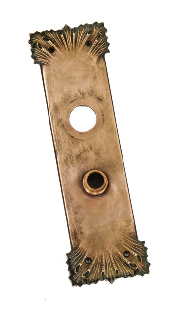 original early 20th century antique american ornamental cast bronze "realmont" pattern residential entrance door backplate