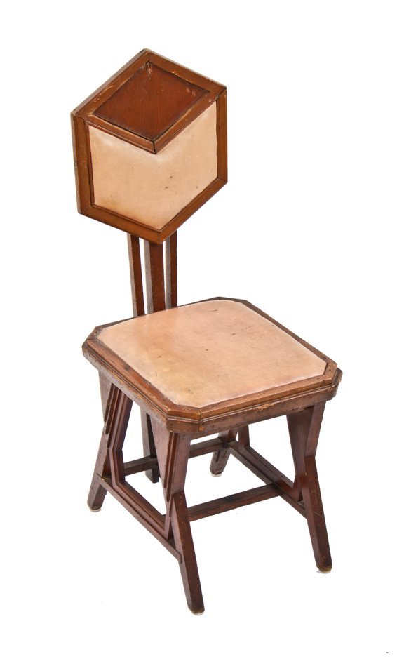 original historically important hexagonal-backed or "peacock"  imperial hotel oil cloth upholstered soak wood side chair designed by frank lloyd wright