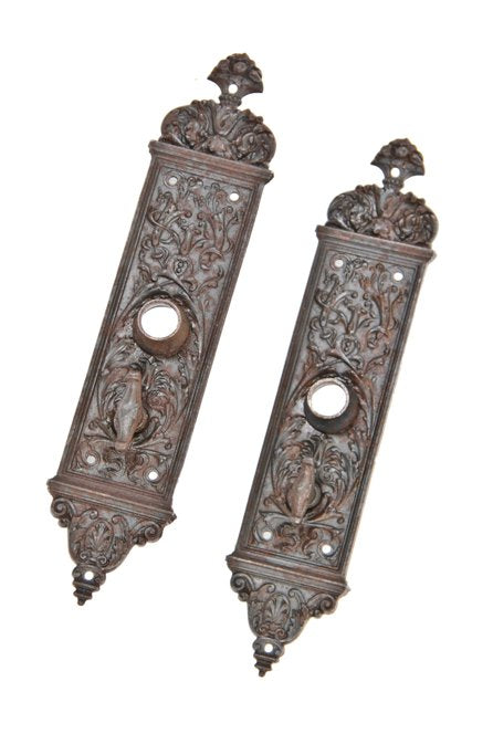 matching set of interior 19th century commercial building office door "firenze" pattern ornamental cast iron backplates