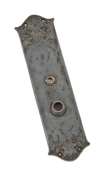 original 19th century american richardsonian romanesque style oversized residential doorknob backplate with bower-barff finish