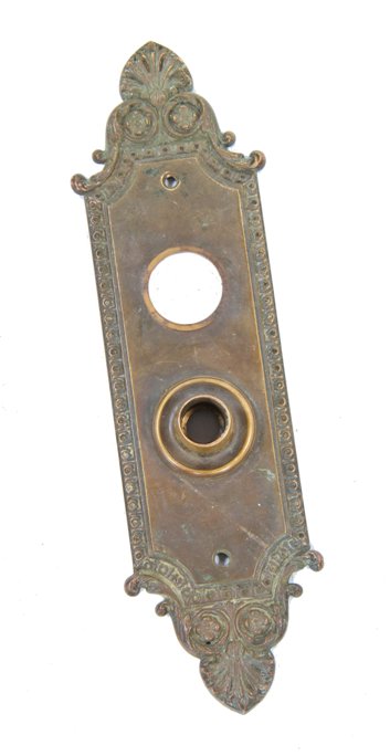 c. 1900's american antique ornamental cast brass "geneva" pattern residential entrance door backplate with anthemions