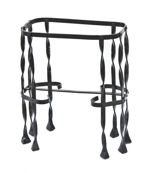 very unusual early 20th century black enameled twisted riveted joint iron table base with single flat bar stretcher
