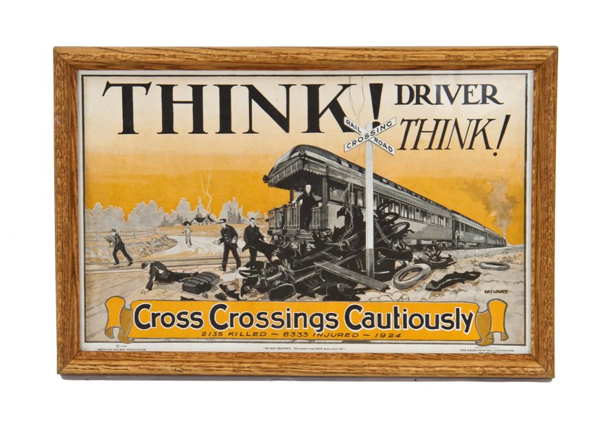 original c. 1925 graphic american railway association "think driver think" framed engraved safety awareness poster