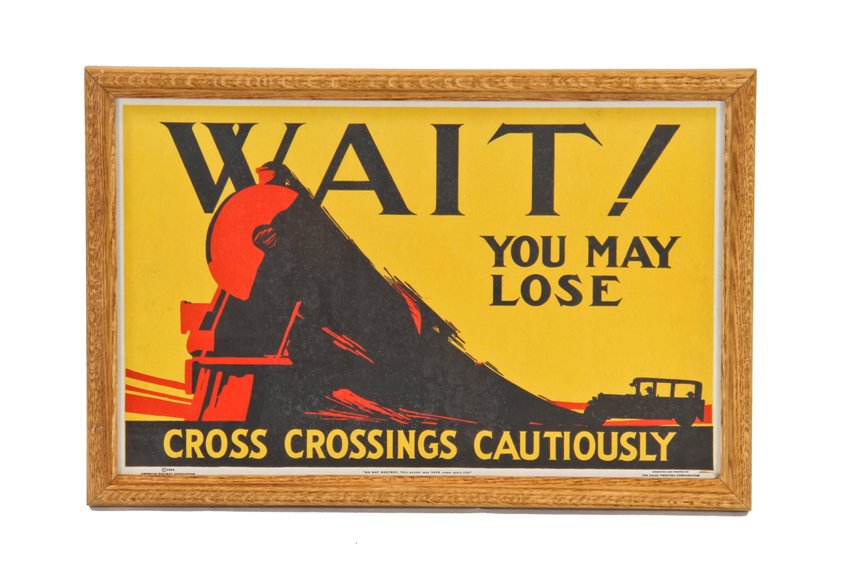 c. 1924 american art deco style "cross crossings cautiously" brightly colored engraved safety campaign framed poster