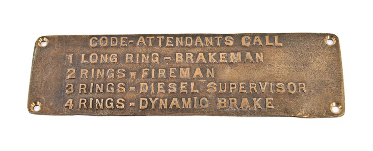 early 20th century vintage american single-sided bronze metal "attendants call" railroad car code notification plaque