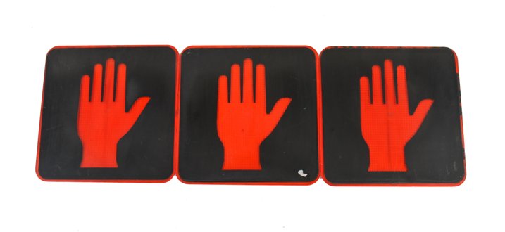 lot of three matching american industrial molded plastic single-sided "don't walk" halting hand crosswalk signal lenses
