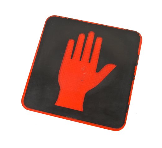 intact single-sided chicago city street cautionary halting hand pedestrian crosswalk signal lens with baked black enameled finish