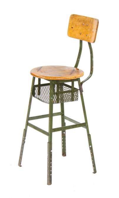 original c. 1950's vintage american made adjustable height pollard factory stool with unusual wire mesh undershelf