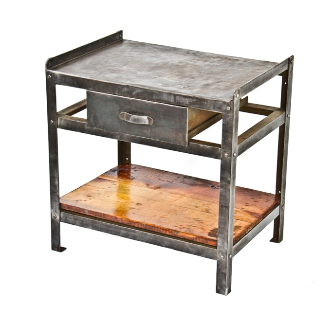 unusual c. 1920's custom-built heavy gauge cold-rolled steel factory side table with single pull-out drawer and wood undershelf