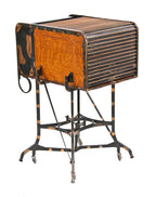 all original rare american industrial "uhl art steel" cold-rolled steel roll top stenographer workstation with largely intact oxidized copper finish