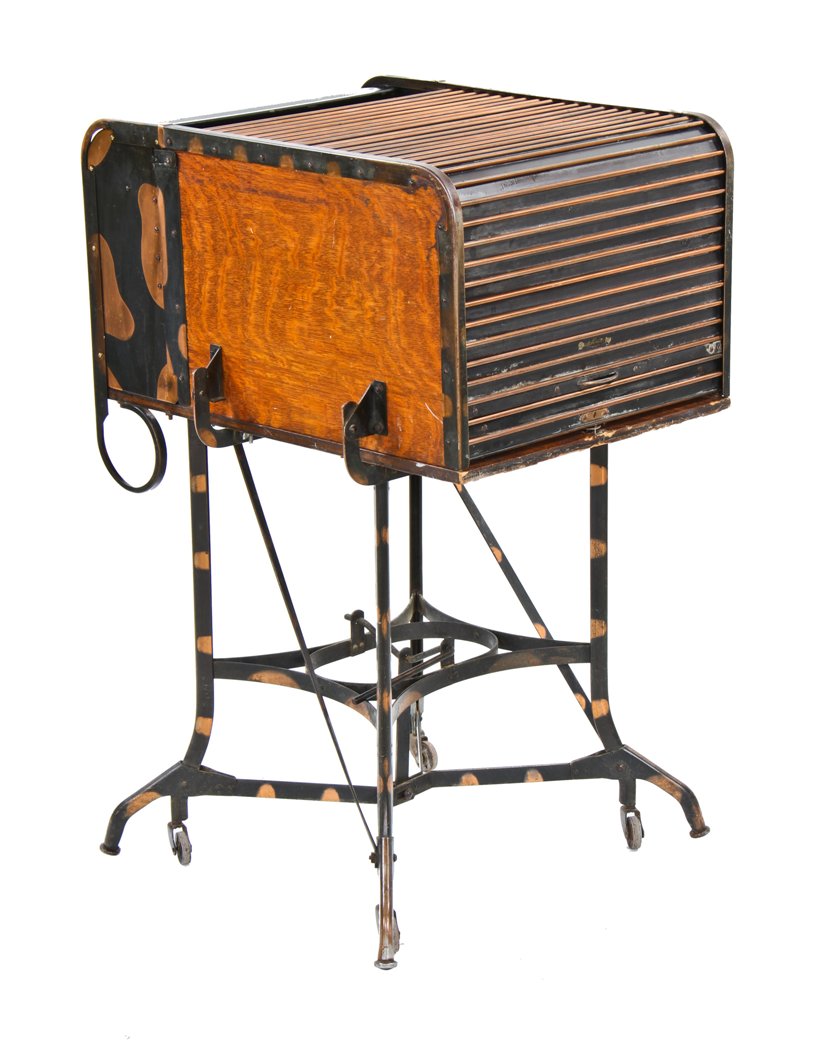 all original rare american industrial "uhl art steel" cold-rolled steel roll top stenographer workstation with largely intact oxidized copper finish