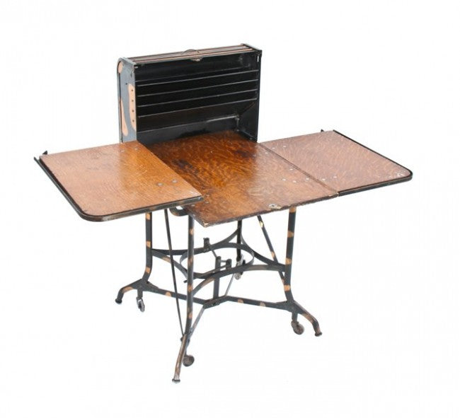 all original and completely intact hard to find american antique industrial "uhl art steel" cold-rolled steel roll top stenographer workstation with largely intact oxidized copper finish